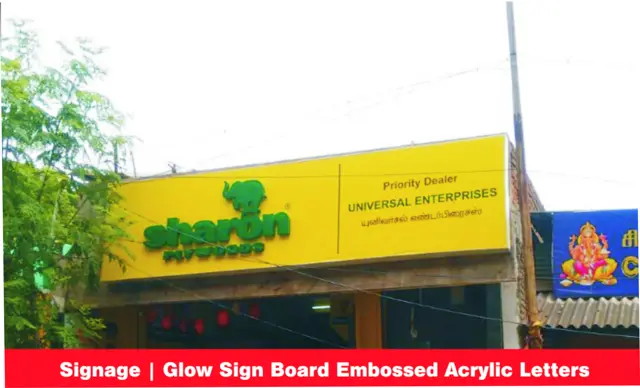 Glow sign board with embossed acrylic letters for Universal Enterprises by Star Signs Chennai